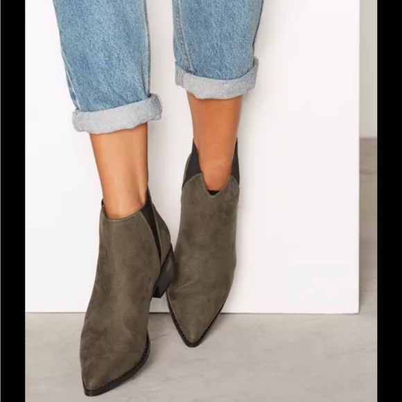 Olive Green Suede Ankle Booties - Picture 2 of 7